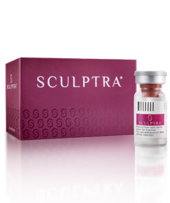 Sculptra facial injectable vial for collagen restoration and youthful appearance.